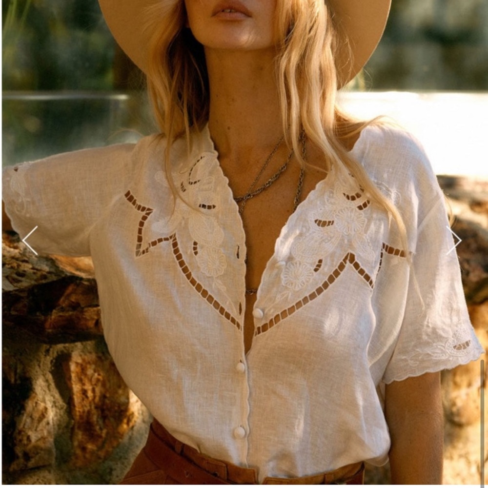 C Unicorn not alone anymore linen cut work white short sleeve embroidered blouse - Picture 3 of 10